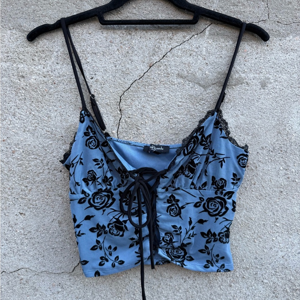 Festival Blue Floral Velvet and Mesh Lace-Up Cami Top
